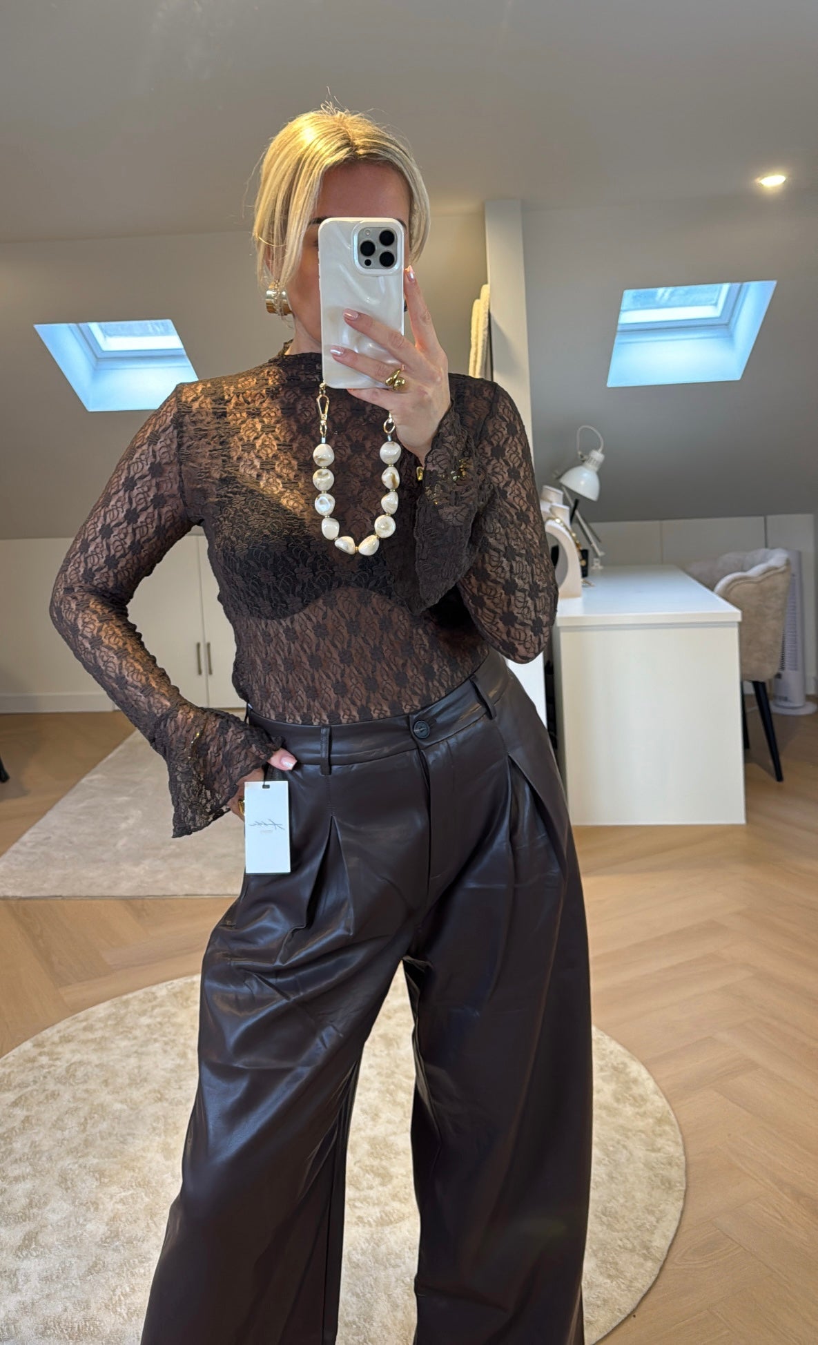 Bruine pu leren wijde - broek