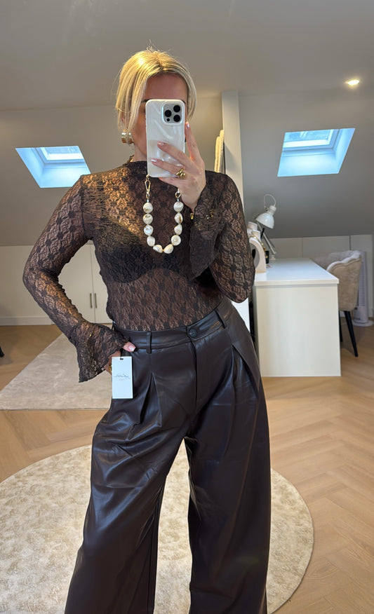 Bruine pu leren wijde - broek