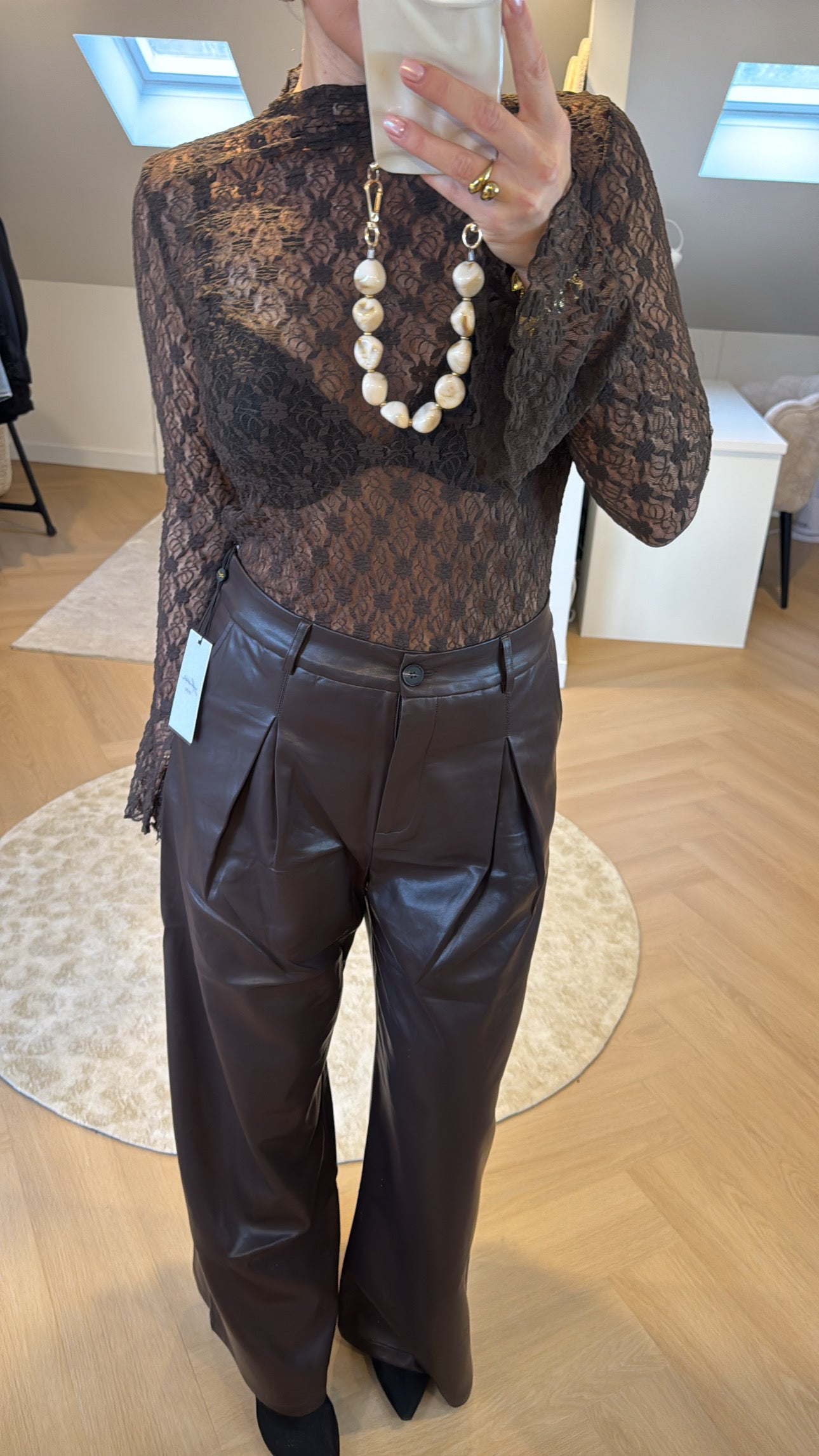 Bruine pu leren wijde - broek